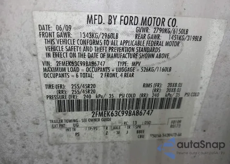 2009 Ford Flex Limited from USA, damaged, VIN 2FMEK63C99BA86747